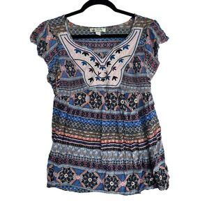 Unity World Wear Boho Floral Embroidered Peasant Top Multicolor Print Women's S